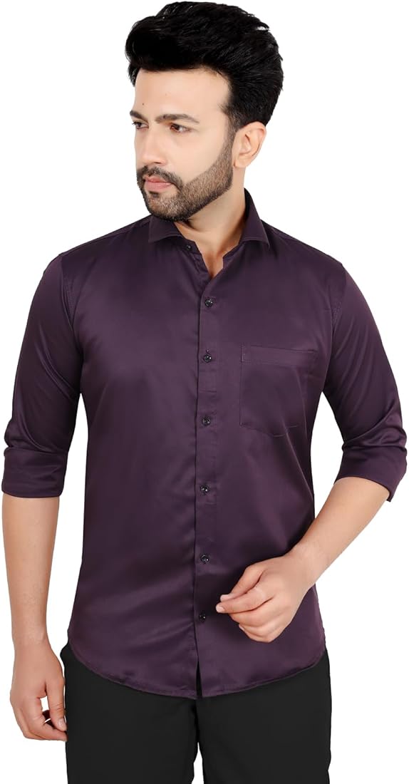Shirt for Men | Formal Casual Mens Clothing with Collar Design Satin Fabric Shirt for Office and Party | Full Sleeve | Solid Slim Fit – Wine