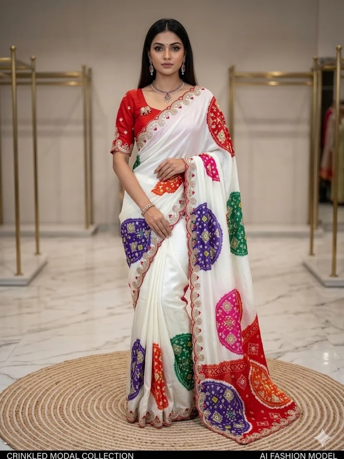 Peachmode White Georgette Saree with Thread Work