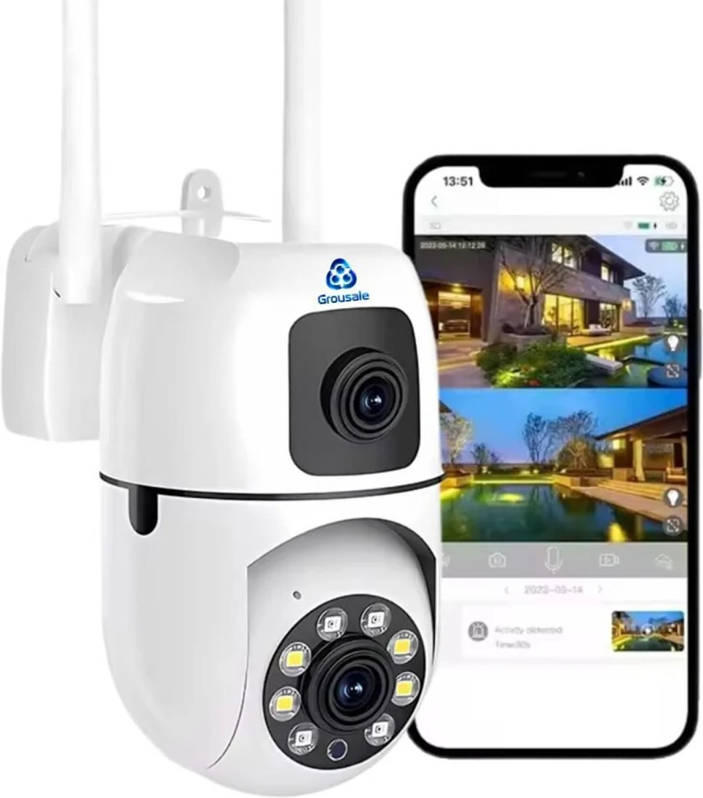 Grousale 5+5mp Wifi Fhd Mini Dual Lens/Screen 2in1 Ptz+bullet Indoor Cctv Security Camera