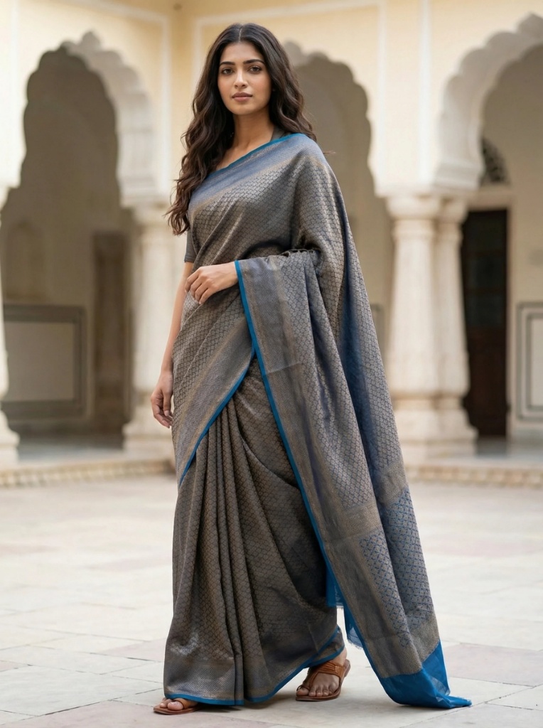 Tussar Silk Blue Gold Zari Weave Saree