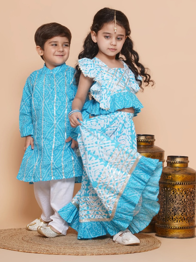 Boys Bandhani Pure Cotton Kurta Pyjamas and Girls Lehenga