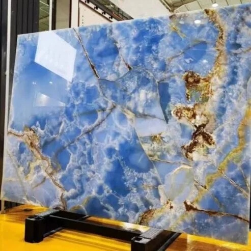 Blue Onyx translucent decorative stone slab.
