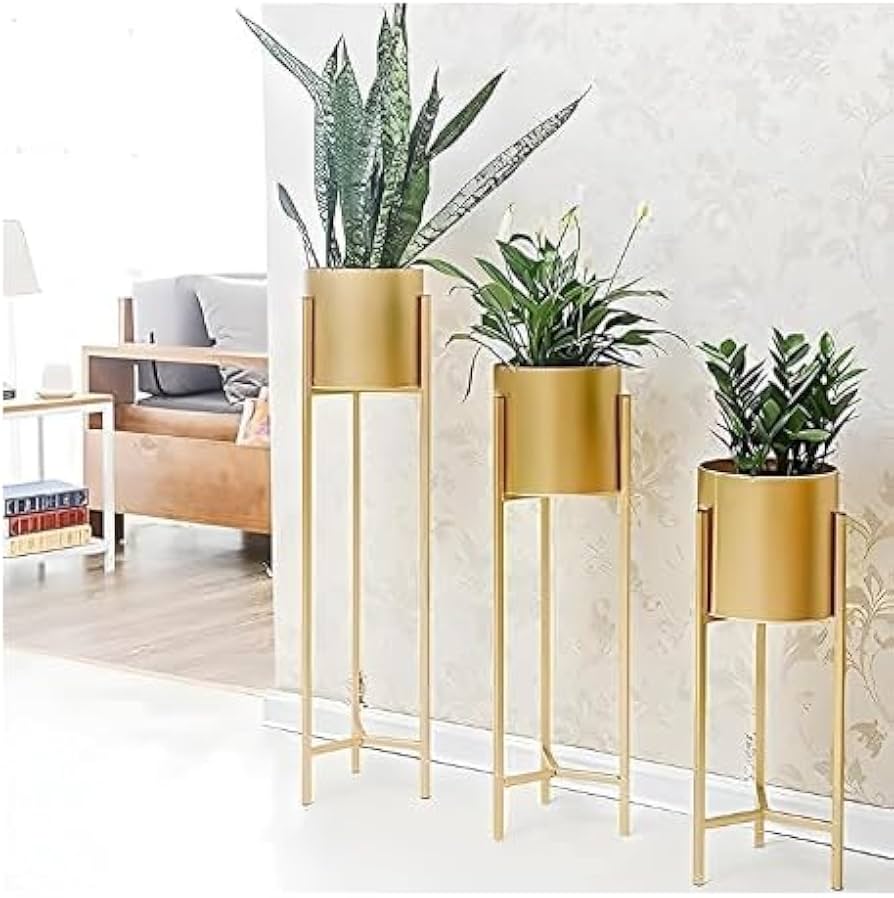Metal Plant Stand Set, Gold Finish 3-Tier Indoor Planter Holder