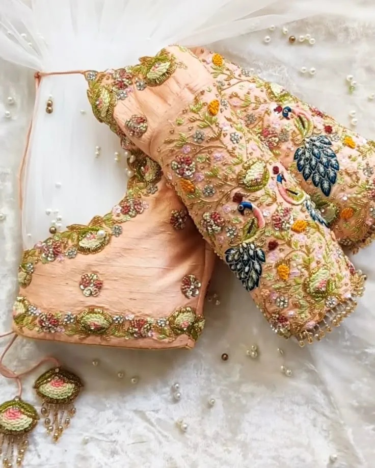 Peach Peacock Designer Maggam Work