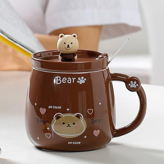Vasukie Bear Coffee Mug with Lid & Steel Spoon, Mugs for Coffee,