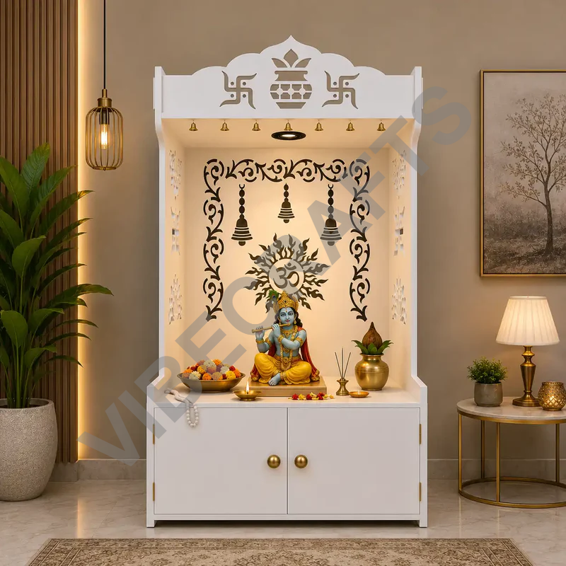 Premium White Wooden Floor Pooja Mandir with Laser-Cut Om Design