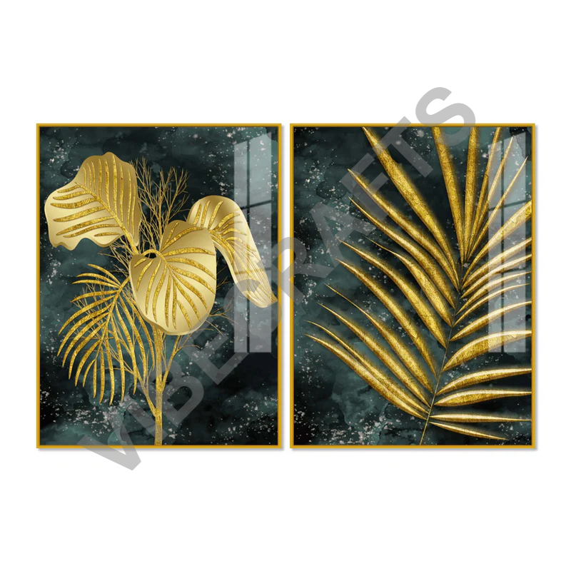Radiant Golden Nature Leaves Modern Acrylic Floating Wall Painting Set of 2
