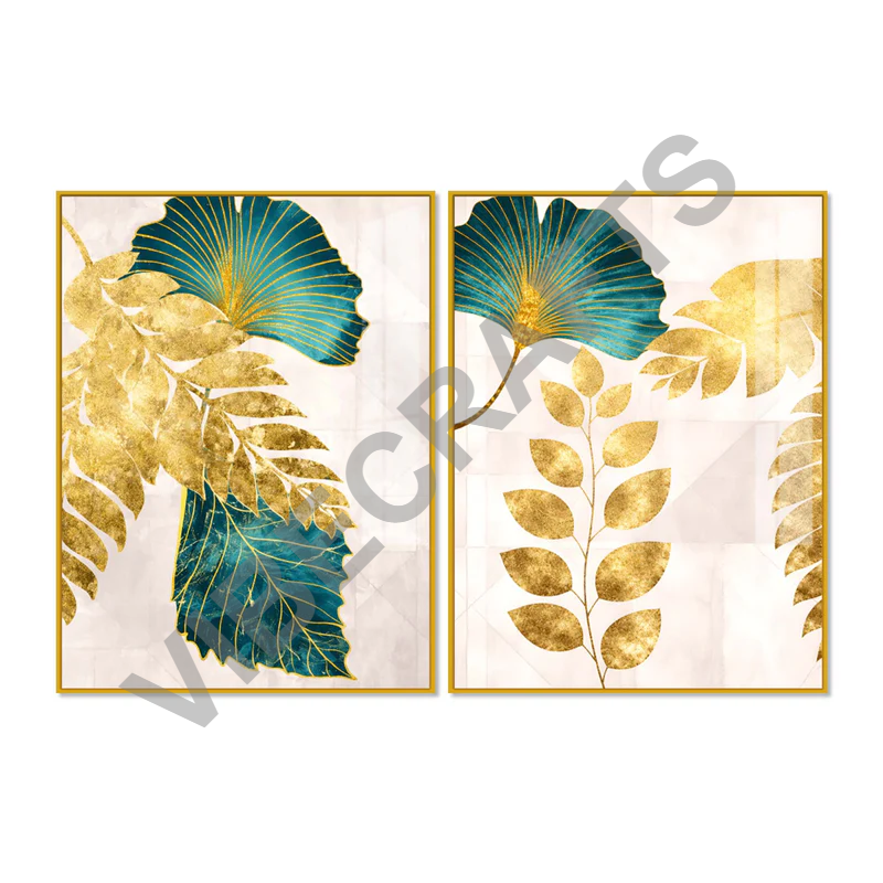 Modern Teal Blue and Gold Leaf Acrylic Floating Wall Painting Set of 2