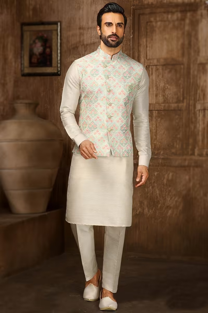 Beige Men Kurta Pajama with Plain