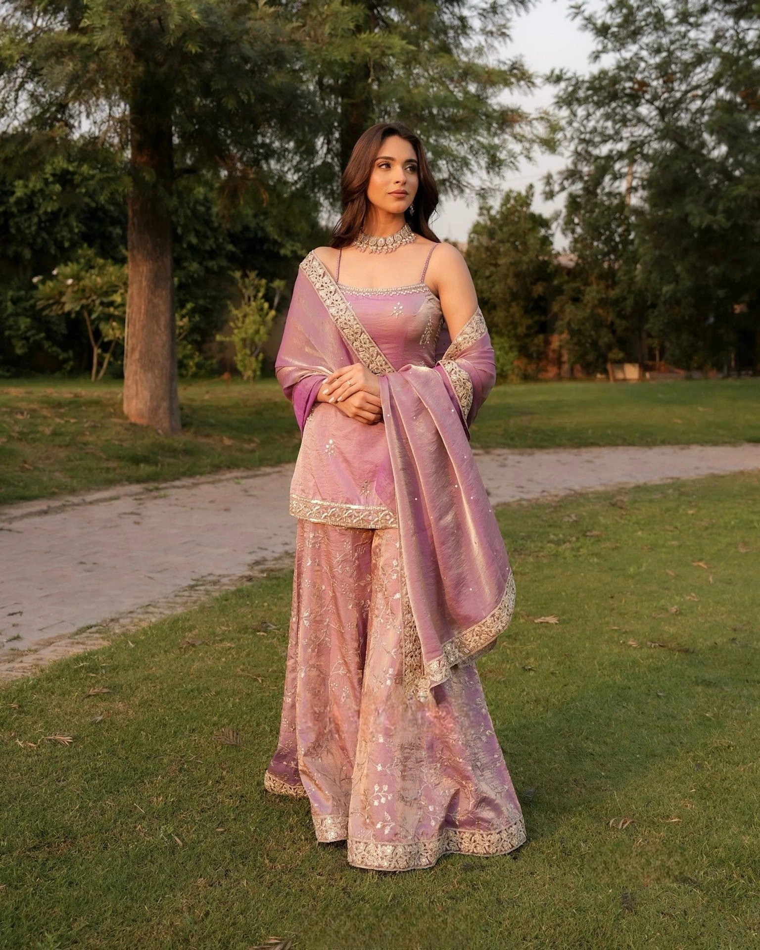 Satin Pink Embroidered Kurta, Sharara & Dupatta Set