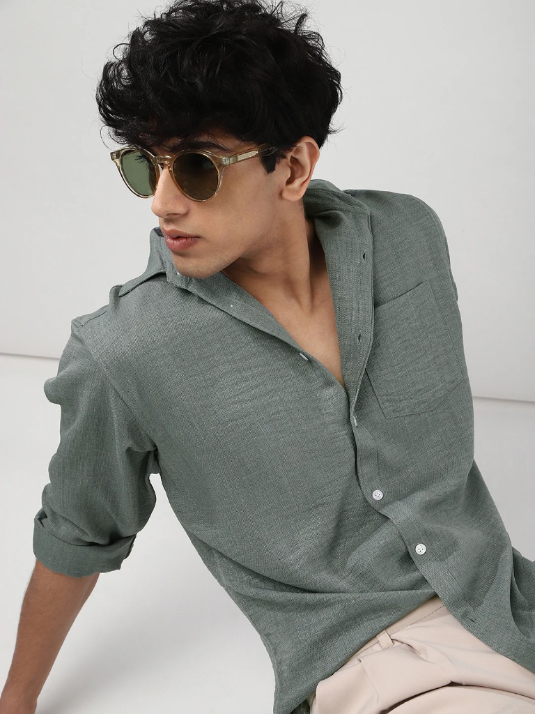 Blue Linen Blend Full Sleeve Relaxed Fit Casual Solid Shirt