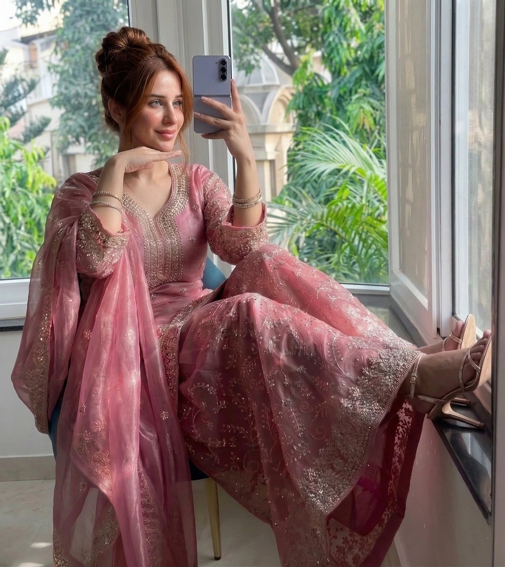 Pink Embroidered Kurta Sharara Set