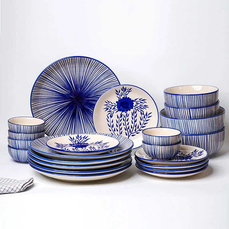 Fiora Handpainted Ceramic Dinner Set – 22 Piece Set – Blue & White