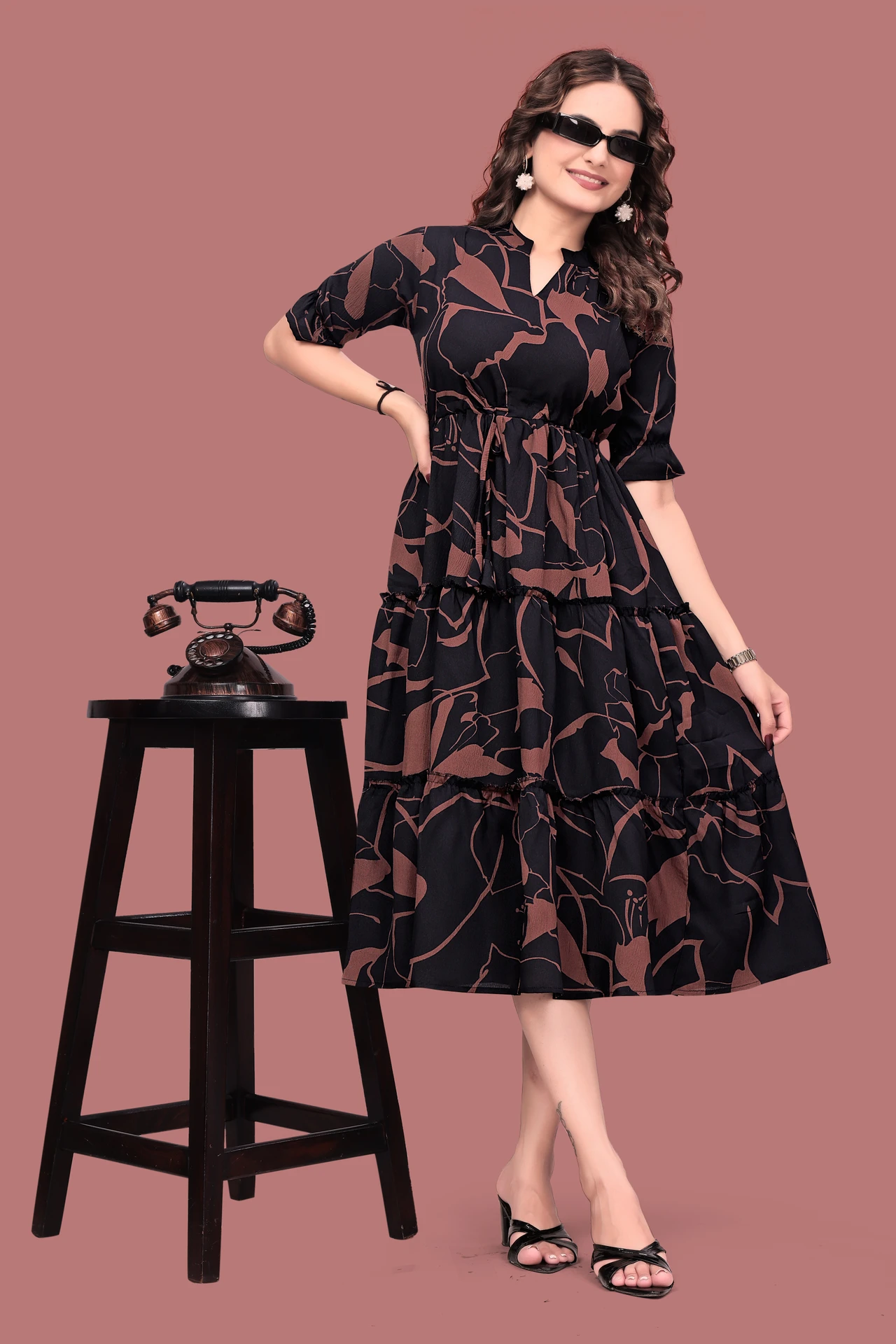 Women A-line Black Midi/Calf Length Dress