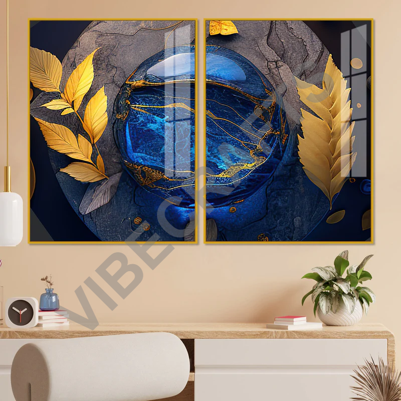 Golden Leaves Acrylic Floating Wall Painting Set of 2