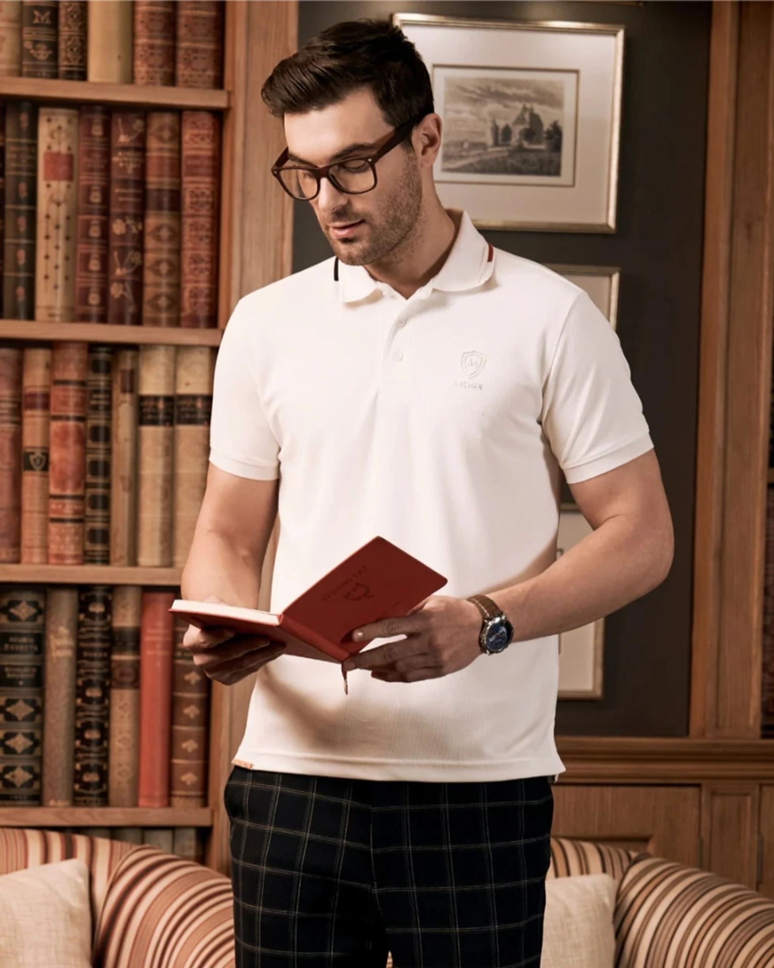 Men Printed Polo Neck Cotton Blend White T-Shirt