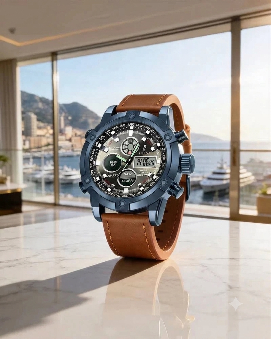 Sylvi Men’s Analog Digital Leather Strap Watch