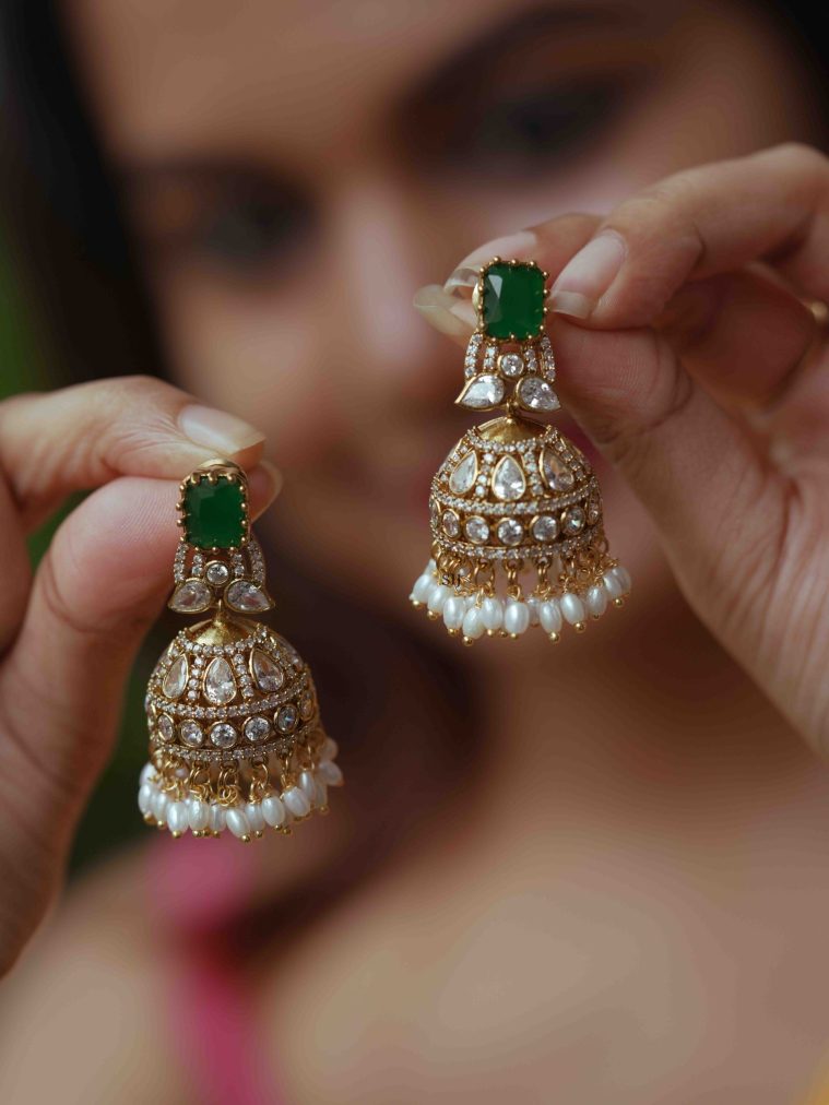 One Gram Gold Victorian Jhumkas with Pearl