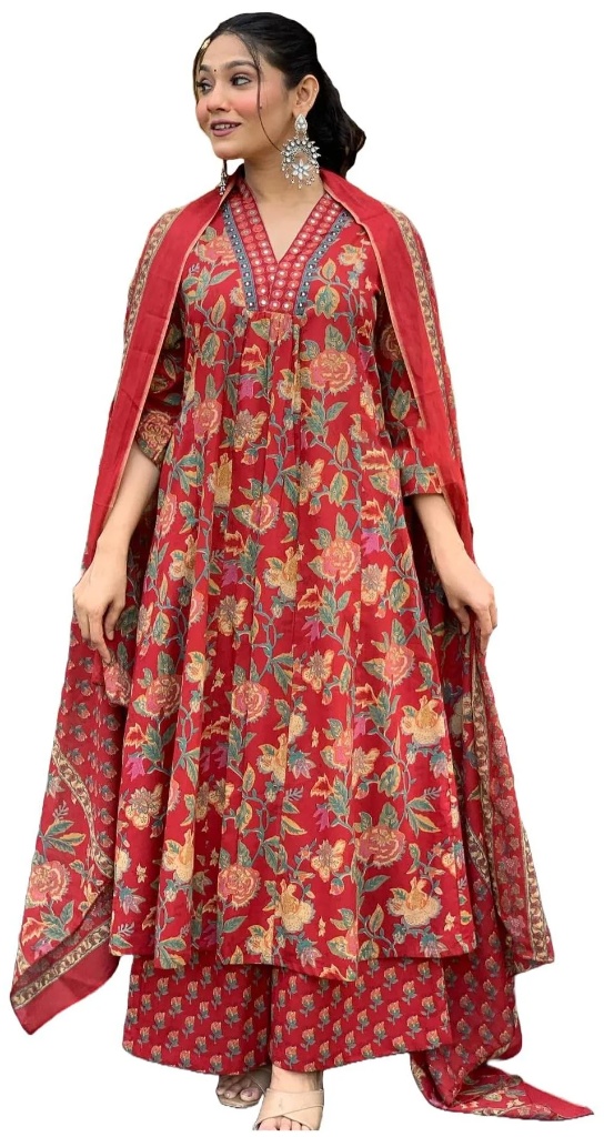 GoSriKi Women Rayon Viscose Anarkali Printed Kurta with Palazzo & Dupatta