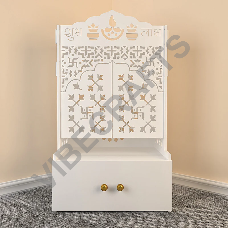White Wooden Floor Pooja Mandir with Laser-Cut Om & Shubh Labh Motif Doors with Storage Cabinet