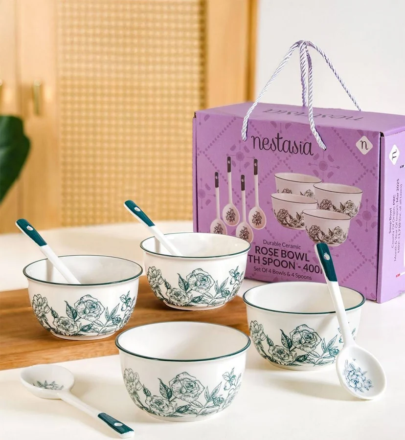 Nestasia Ceramic Rose Bowl with Spoon (Set of 4)