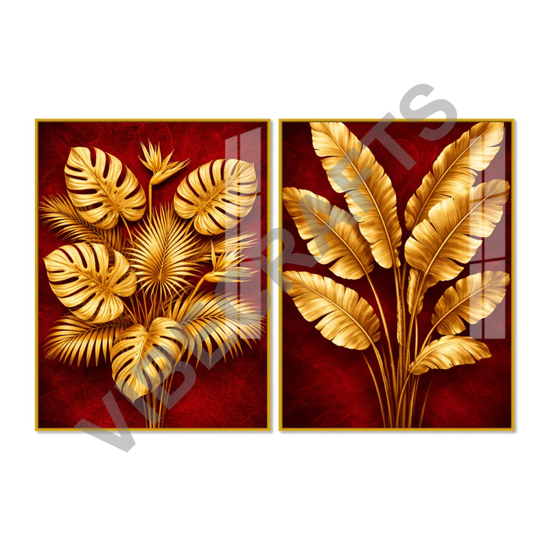 Golden Monstera and Banana Leaves Acrylic Floating Wall Painting Set of 2