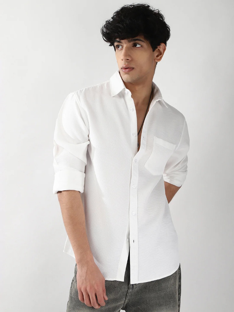 Men’s White Linen Blend Full Sleeve Relaxed Fit Casual Solid Shirt