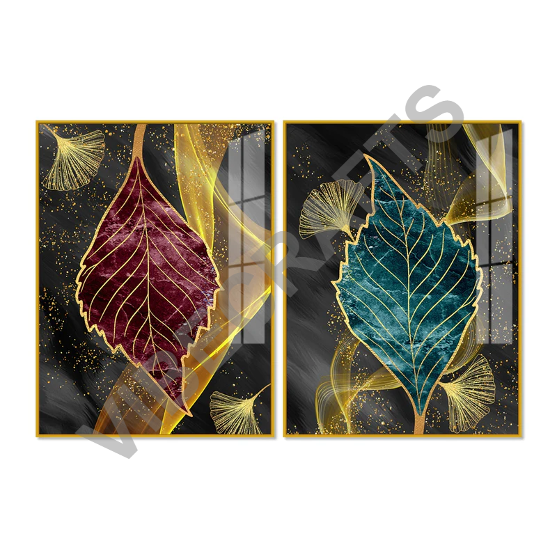 Green and Red Leaf Shape Acrylic Floating Wall Painting Set of 2