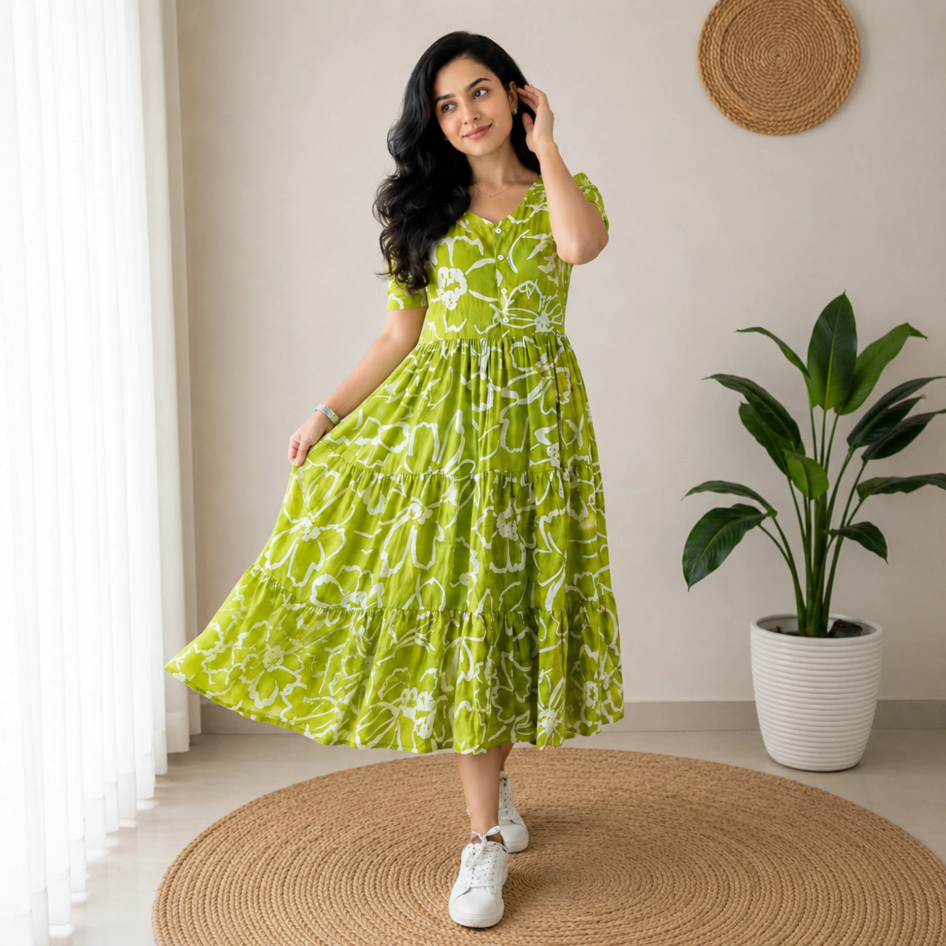 Women Fit and Flare Green Below Knee Dress