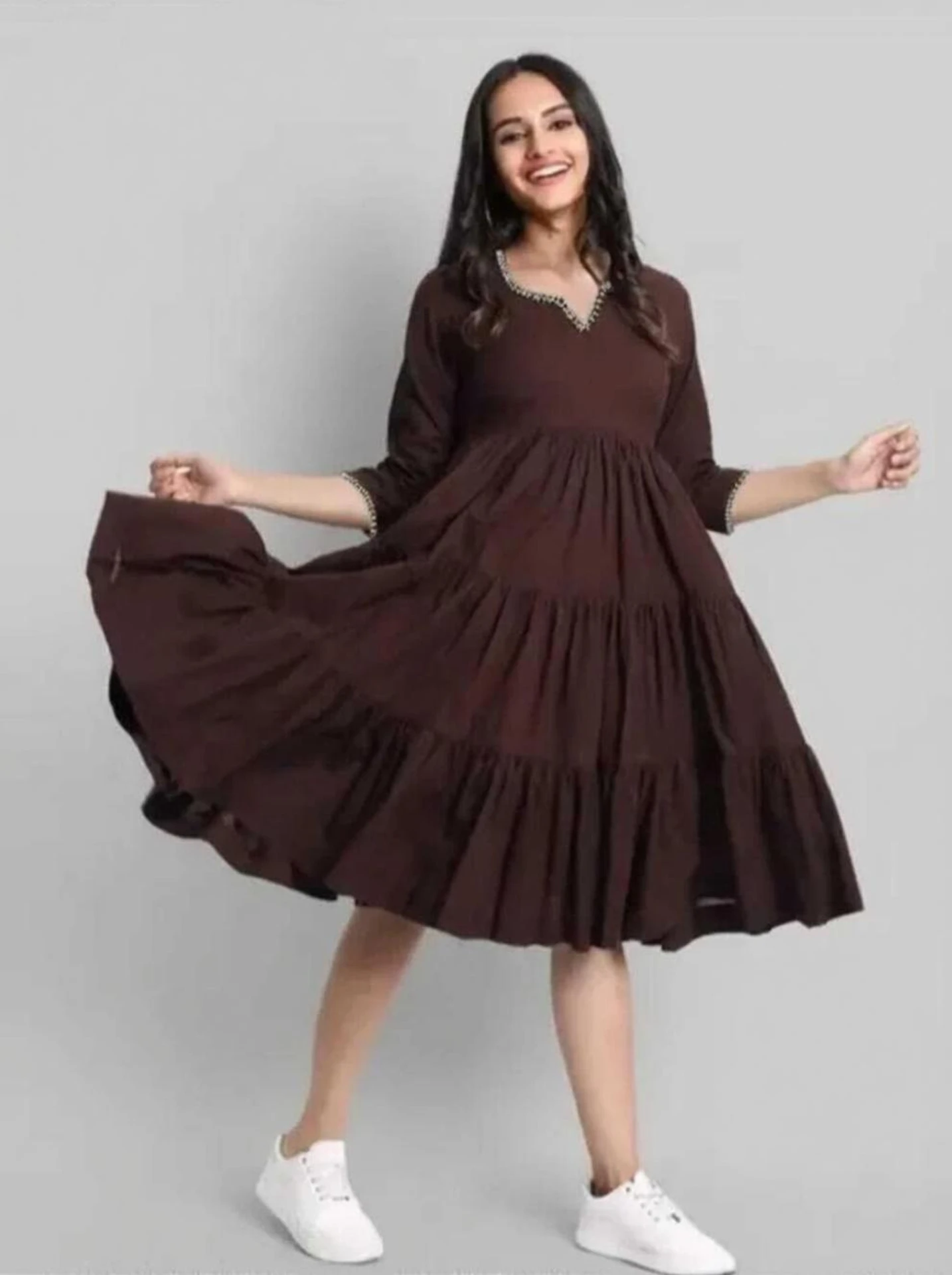 Women Fit and Flare Brown Below Knee Dress