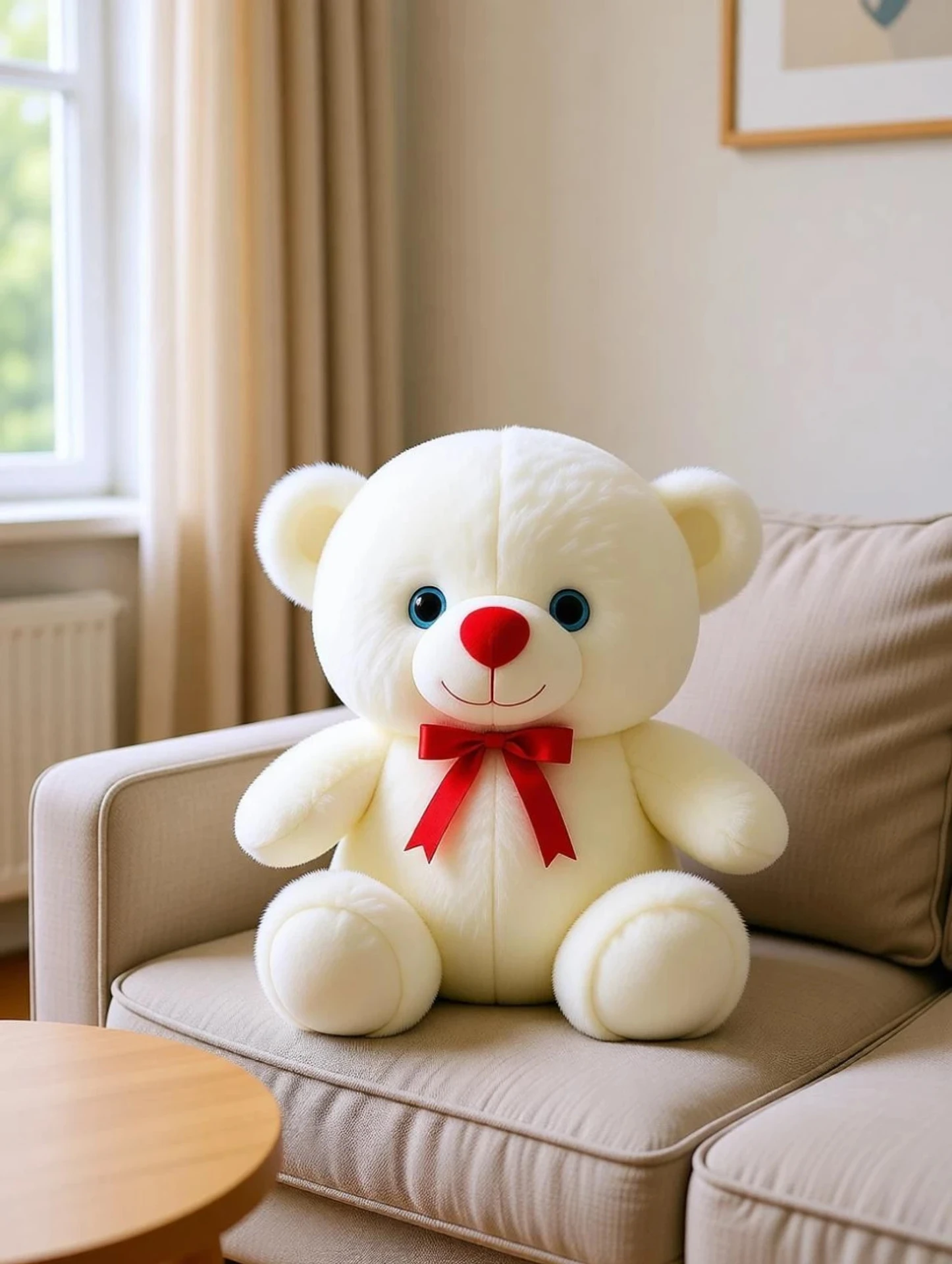 Soft Plush Teddy Bear with Red Bow – 28 cm (White)