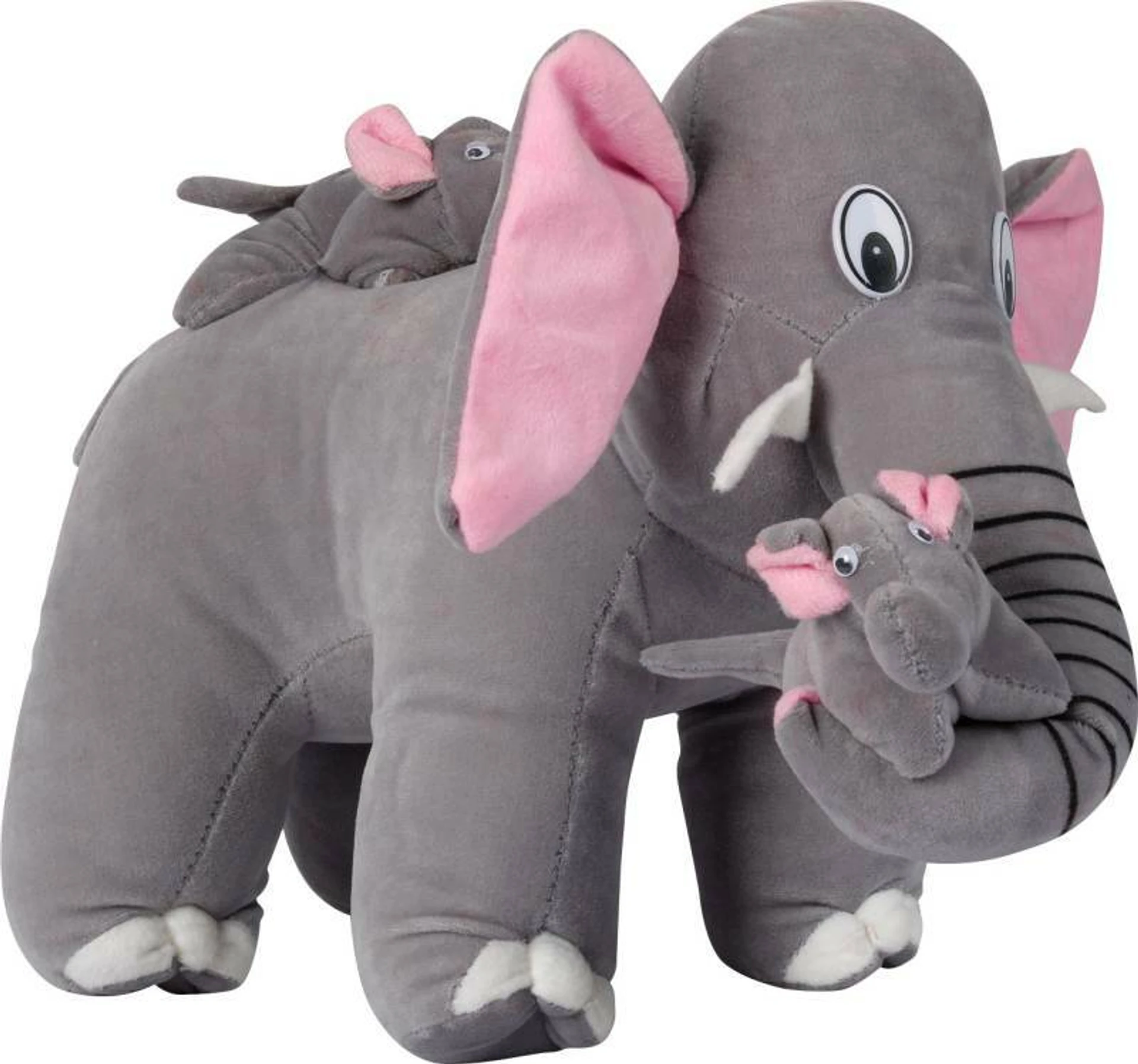 Mother Elephant Soft Plush Toy with Baby Elephants – 38 cm (Grey)