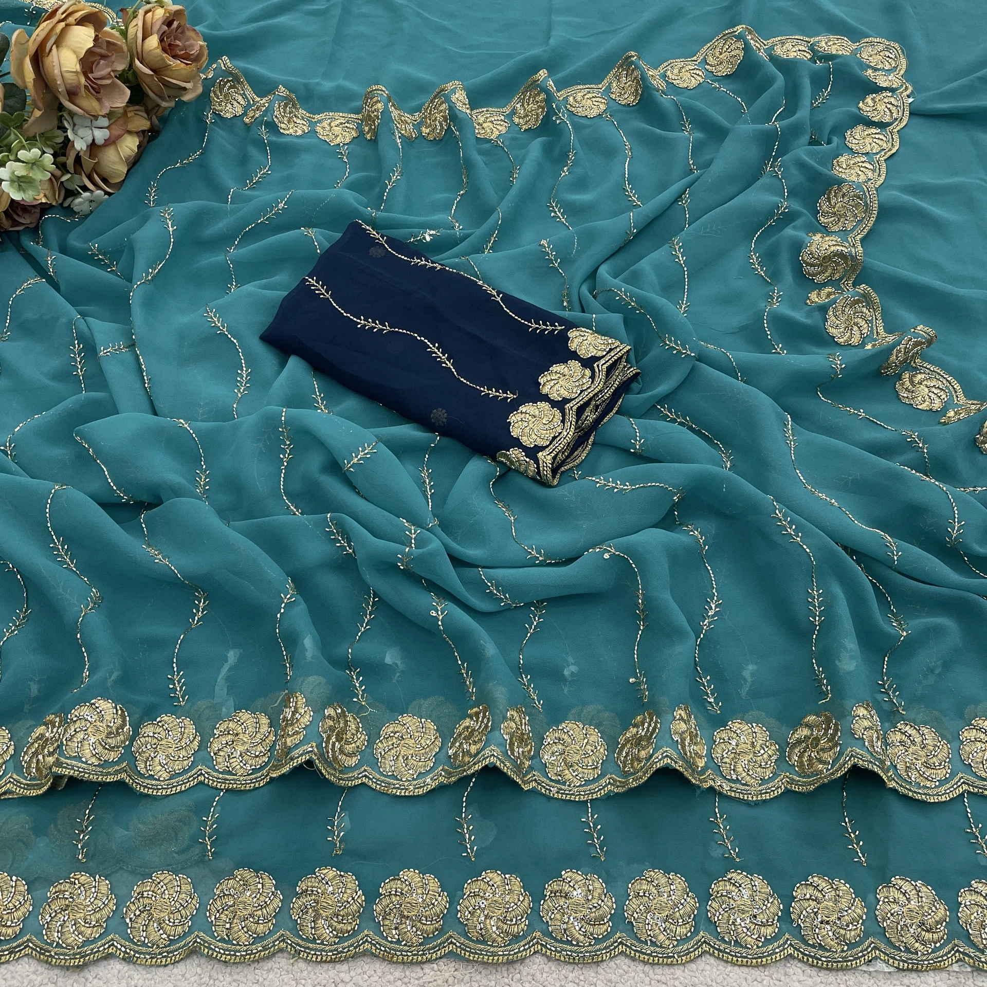K 5 FASHION Embroidered Bollywood Georgette Saree (Blue)