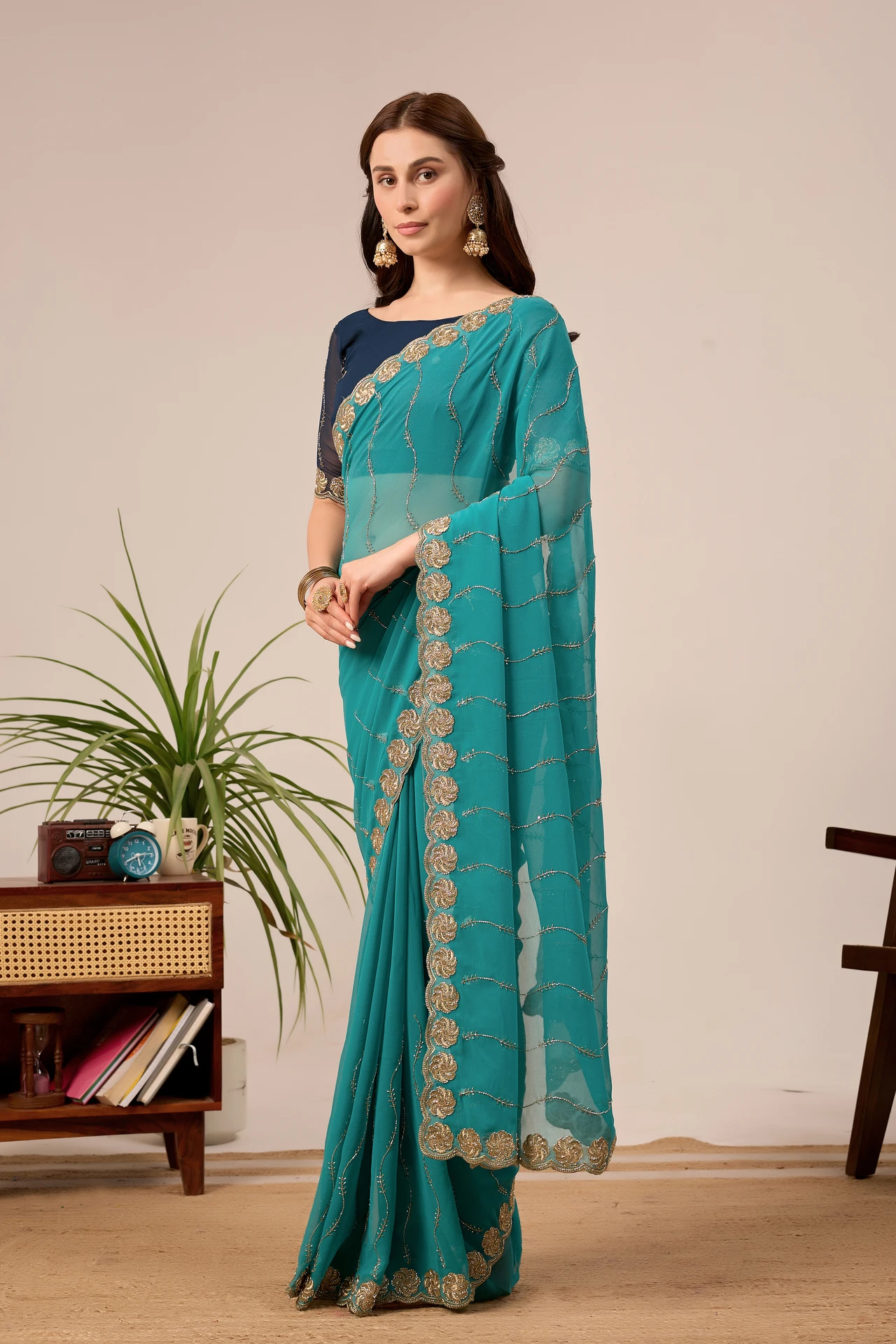 K 5 FASHION Embroidered Bollywood Georgette Saree (Blue)