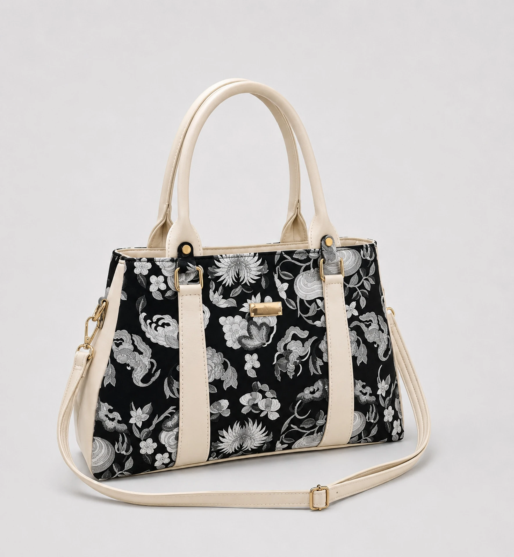 classick Black Women Hand-held Bag Classy Floral Handbag