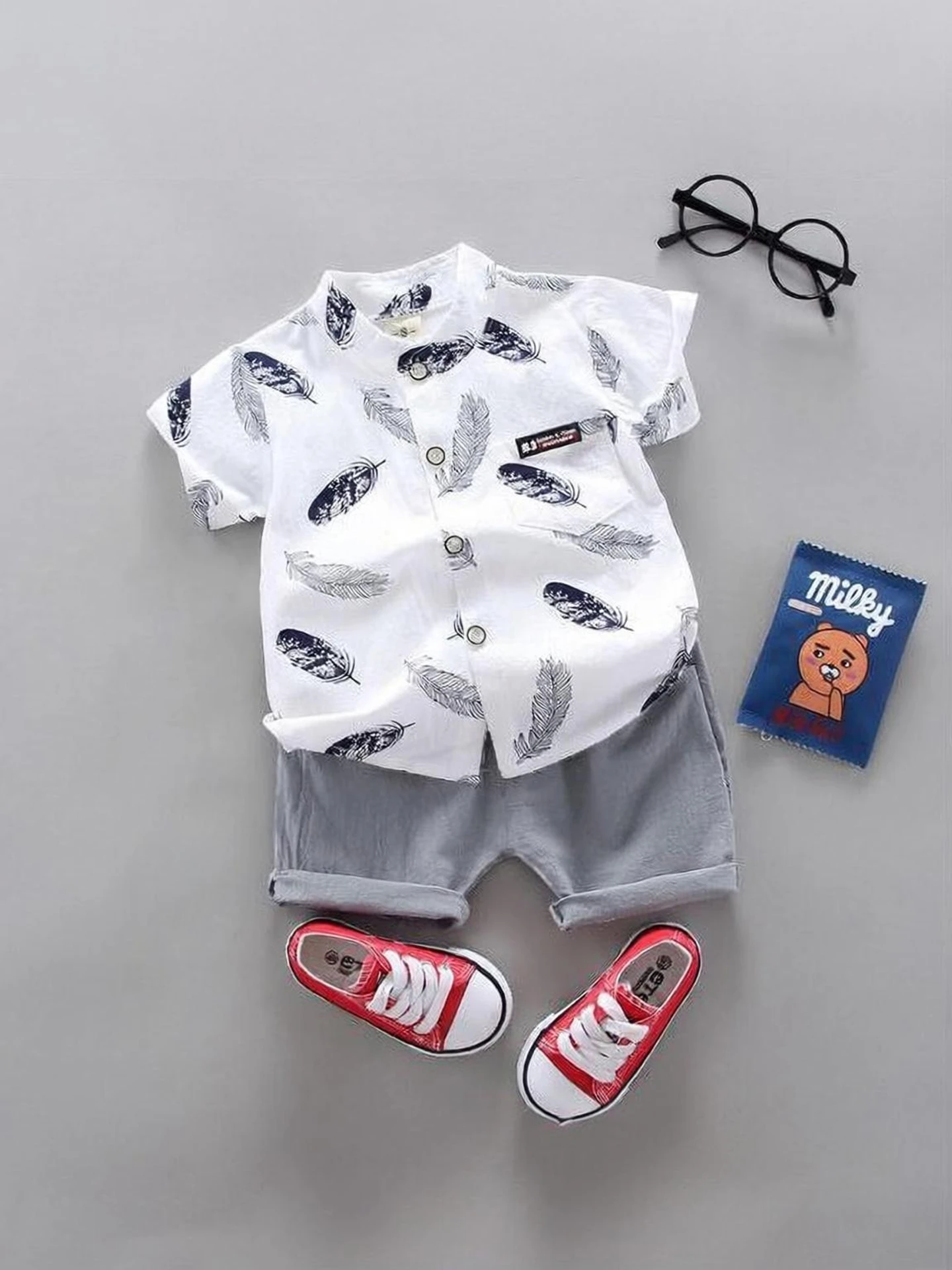 ULTRINA Baby Boys Casual Shirt Shorts (MORPANKH-WHITE-GREY)