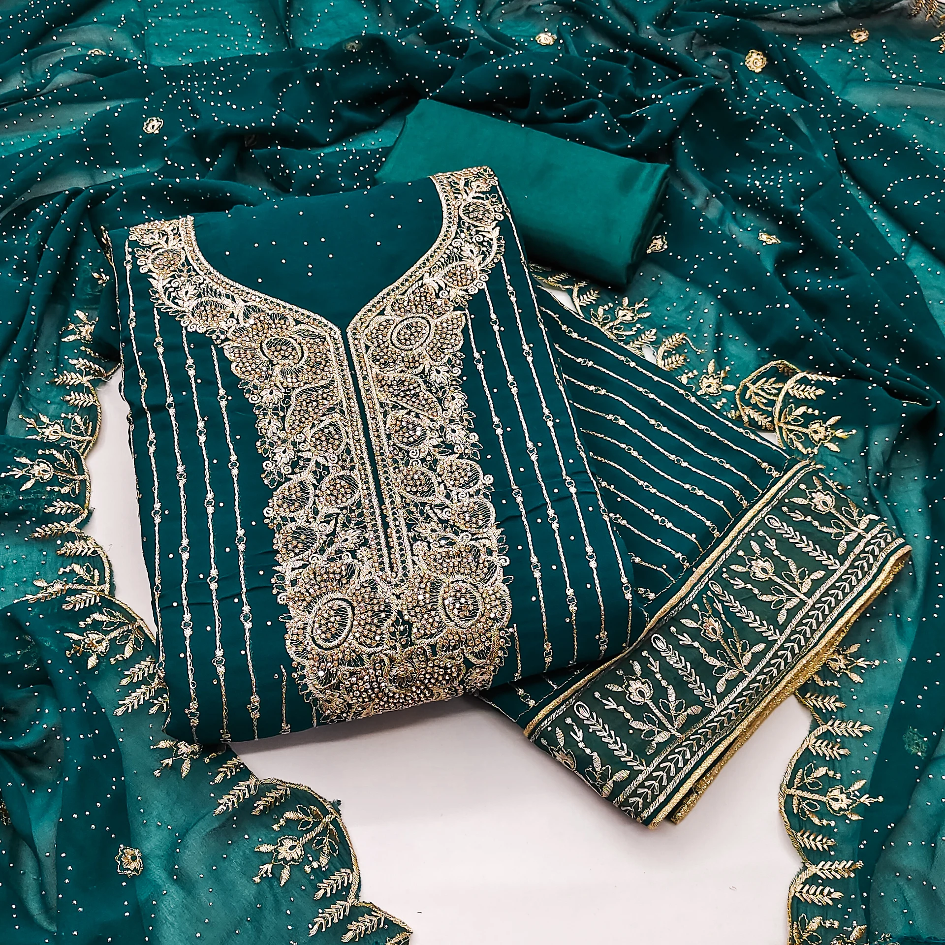 Om Creation Unstitched Georgette Salwar Suit Material Embroidere..