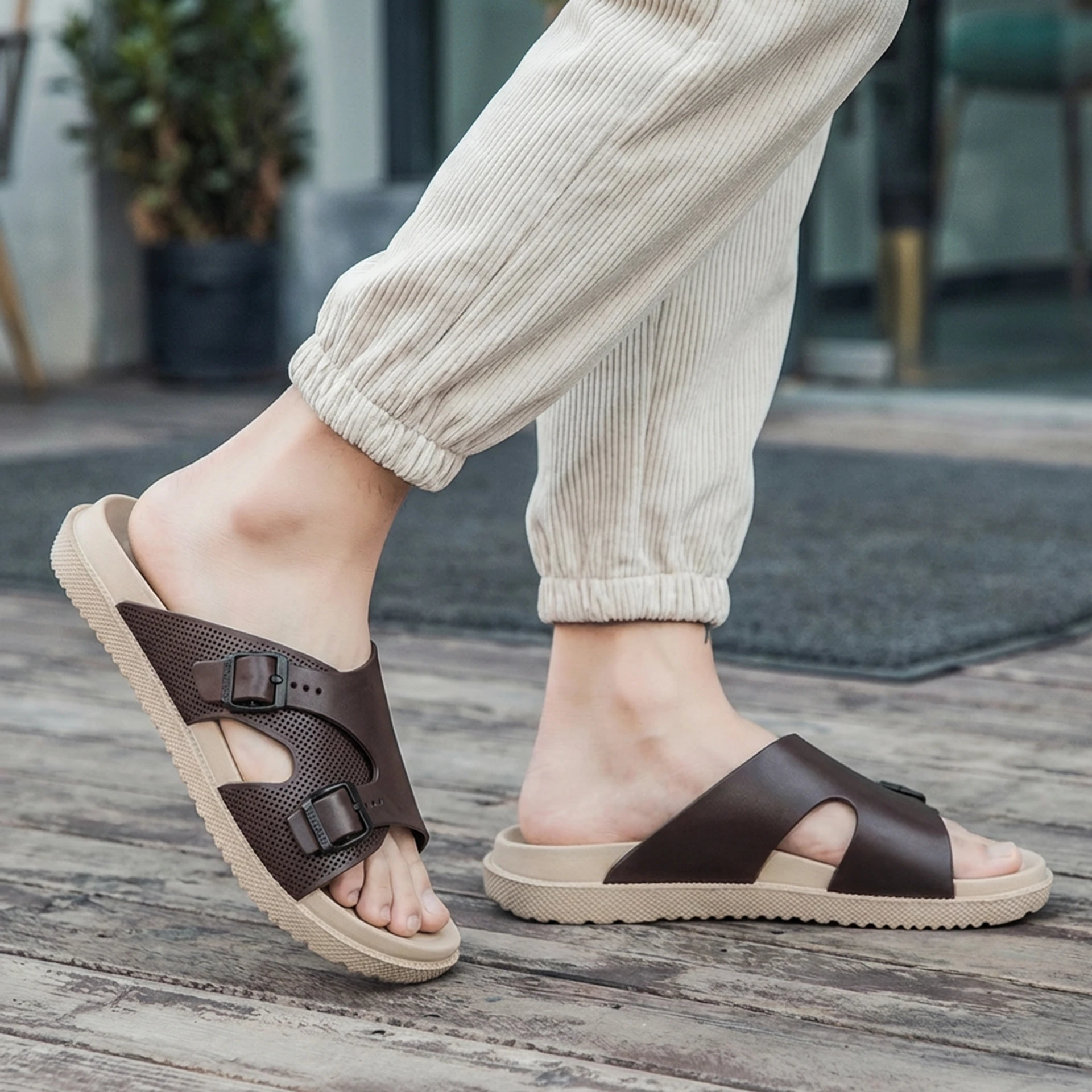 WALKAROO Men Slides (Beige, Brown , 8)