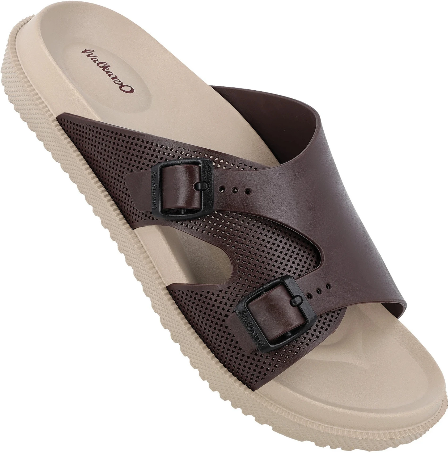 WALKAROO Men Slides (Beige, Brown , 8)
