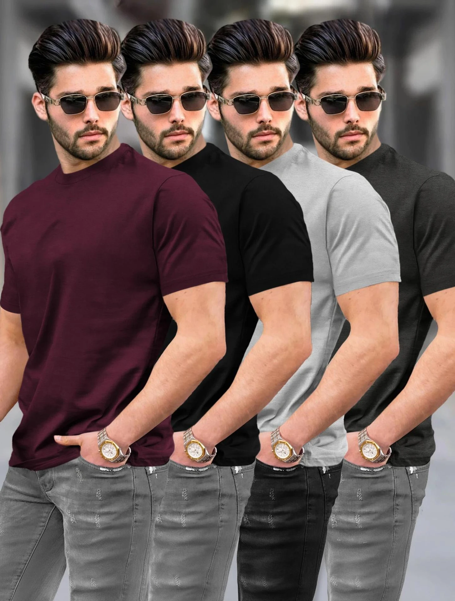 Pack of 4 Men Solid Round Neck Cotton Blend Multicolor T-Shirt