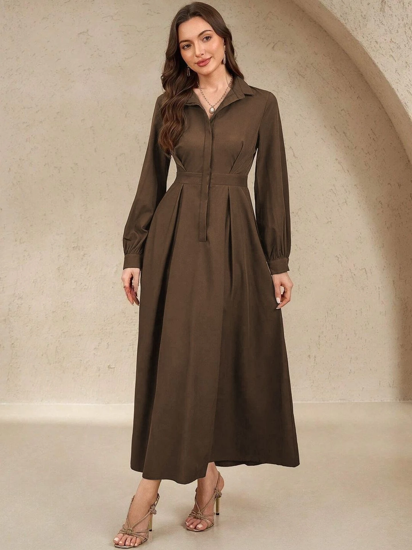 Women A-line Brown Maxi/Full Length Dress