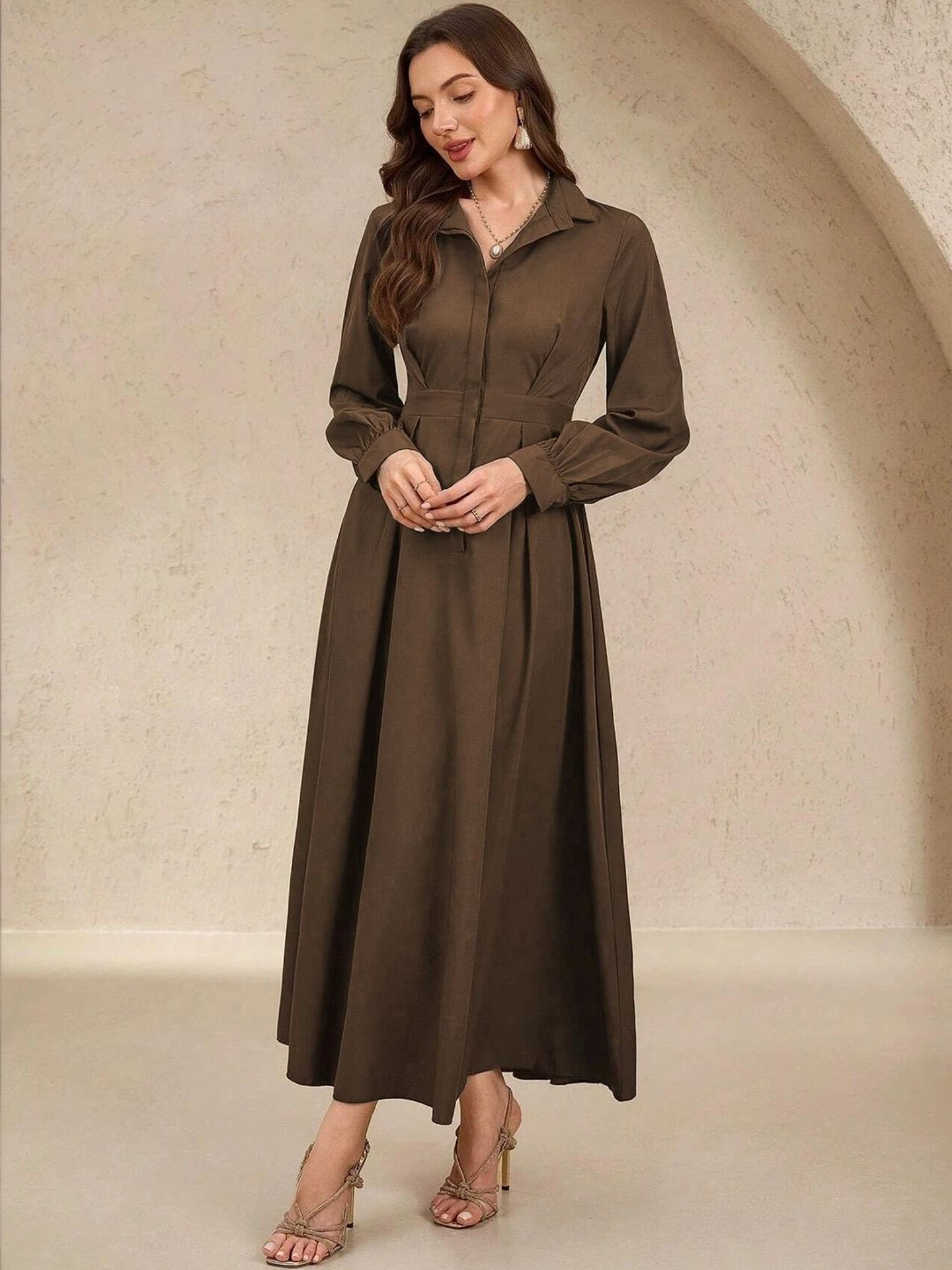 Women A-line Brown Maxi/Full Length Dress