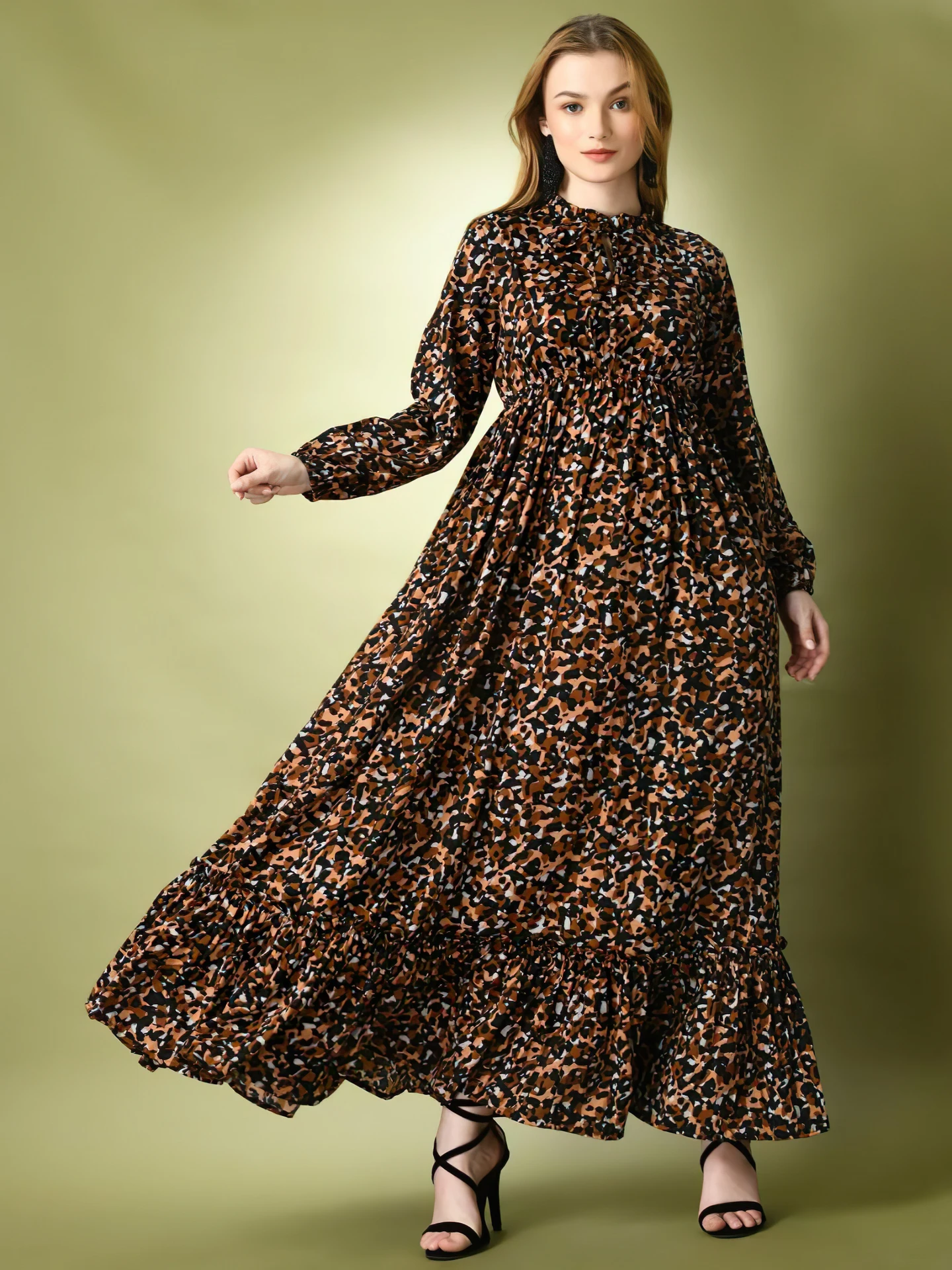 Women Fit and Flare Black, Brown Maxi/Full Length Dress