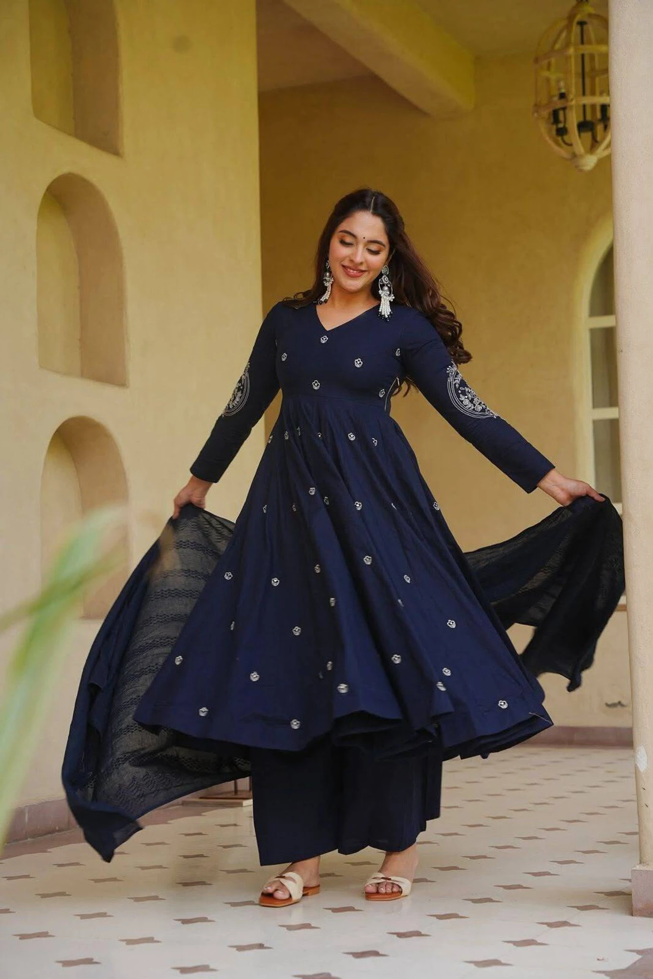 Embroidered Art Silk Stitched Anarkali Gown (Blue)