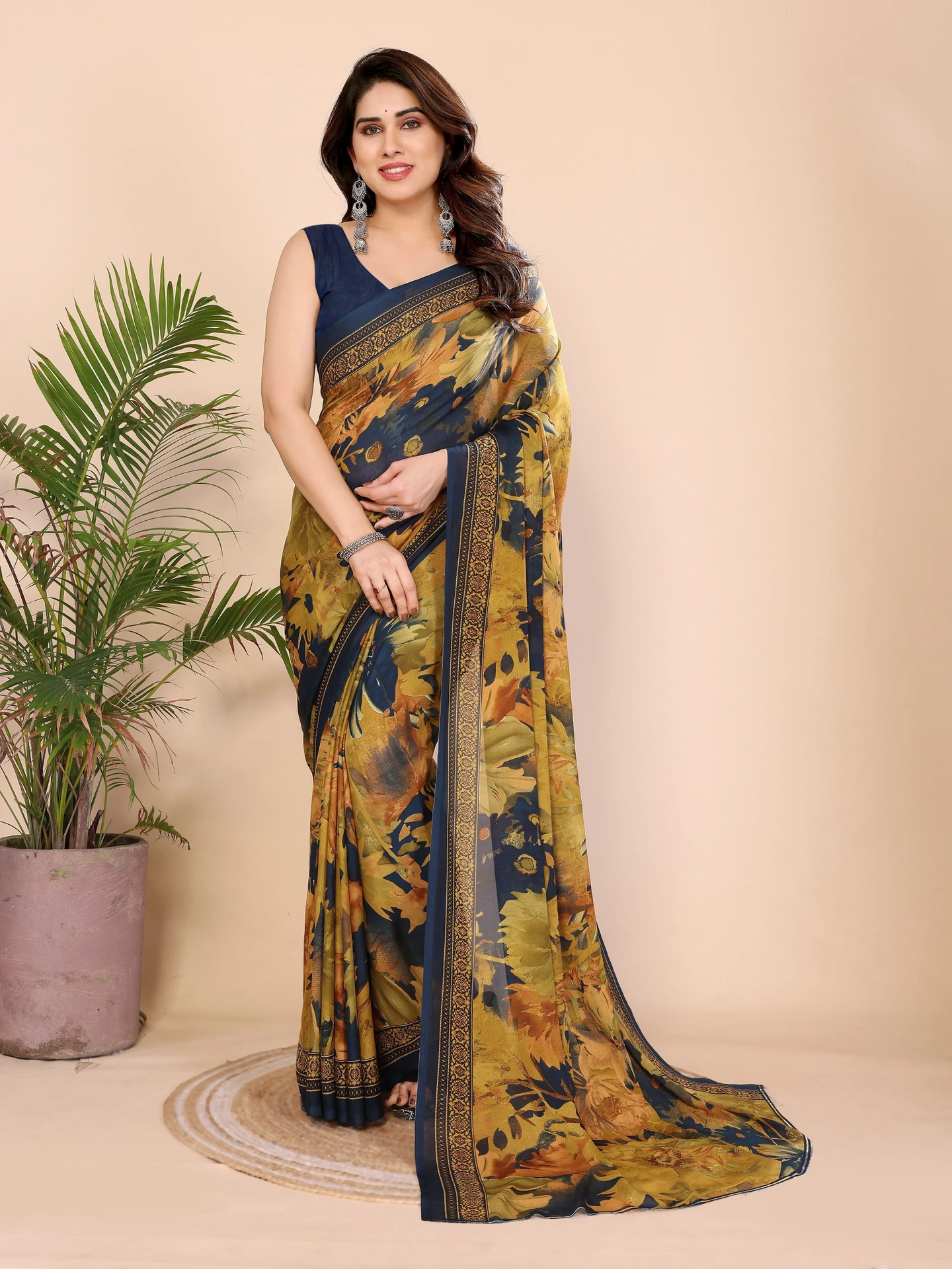 Floral Print Daily Wear Georgette Saree (Blue)