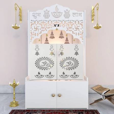 Modern White Wooden Floor Pooja Mandir with Doors Laser-Cut Om
