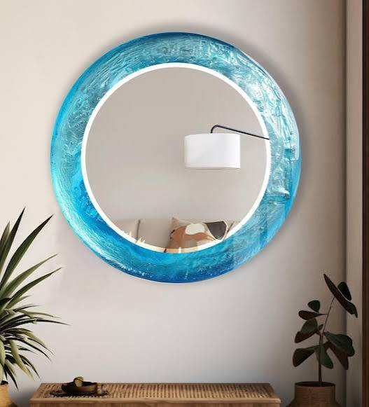 Blue Tempered Glass Round Wall Mirror