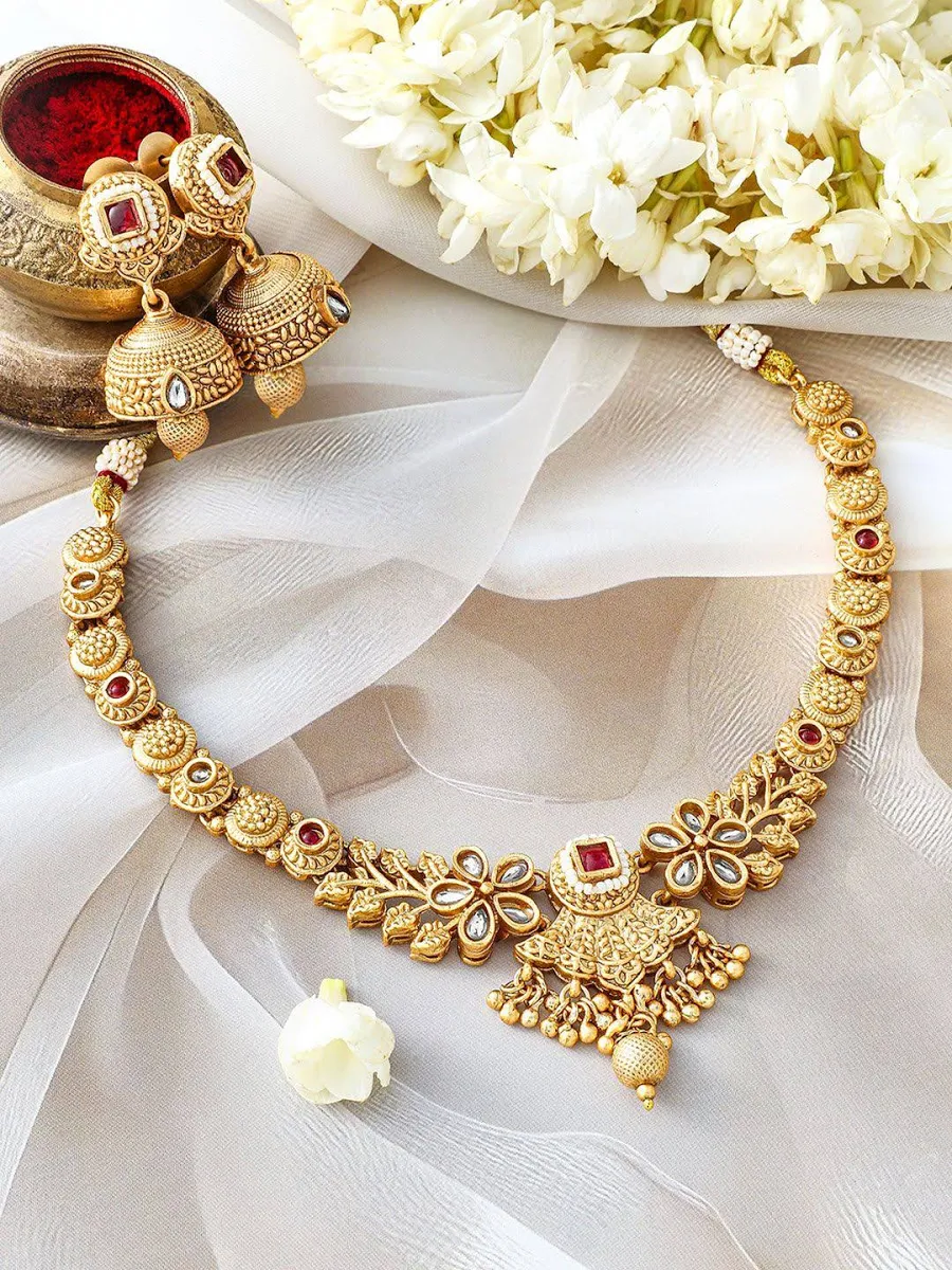 Elegant Red Gold Plated Short Necklace Set