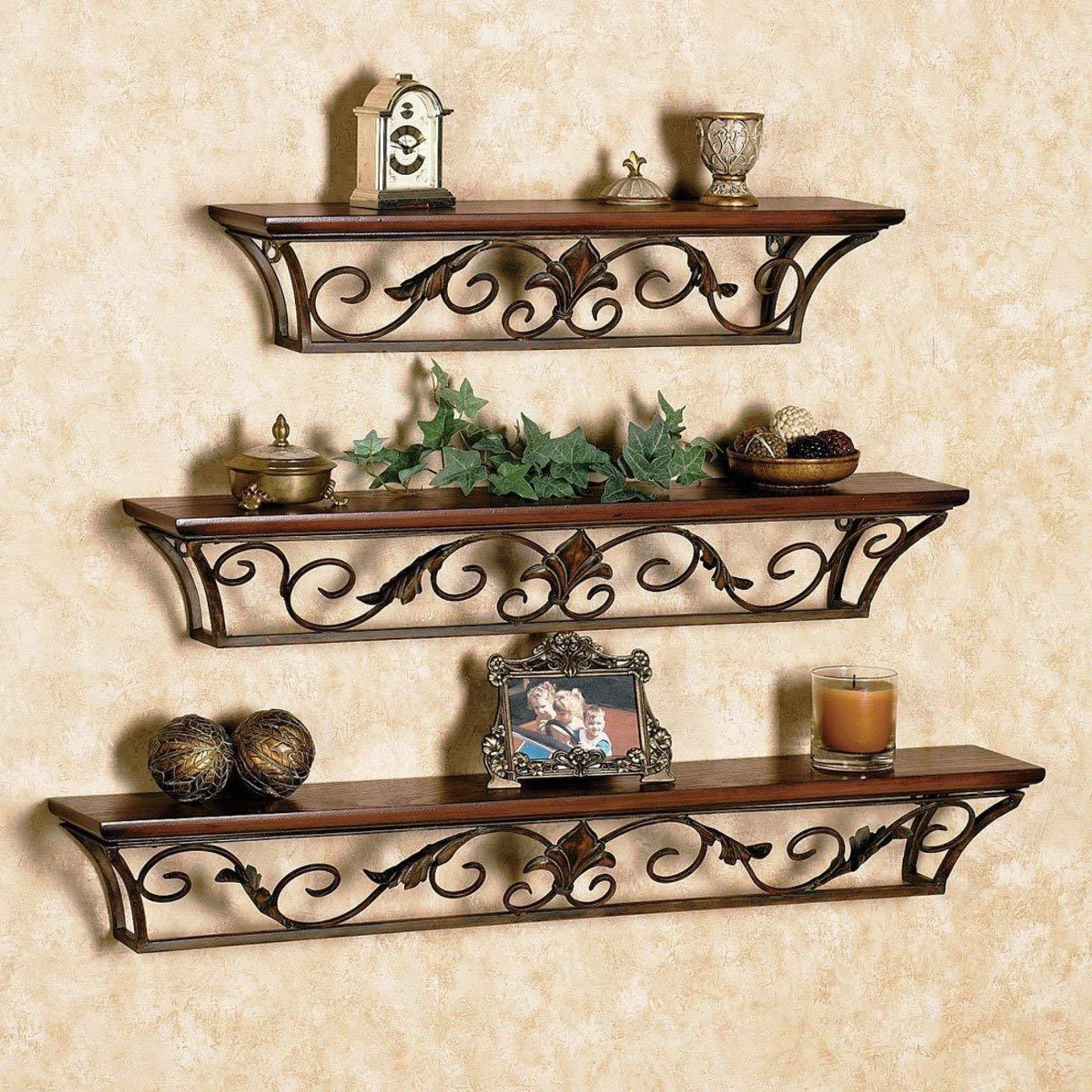 Artesia Wall Mount Set of 3 Iron Wall Shelves Wooden