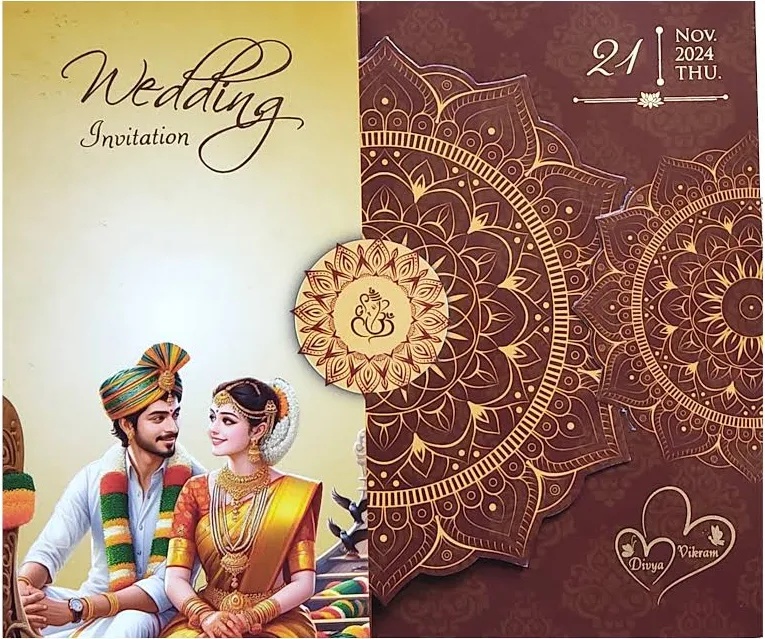 Maroon South Indian Threefold Wedding Card